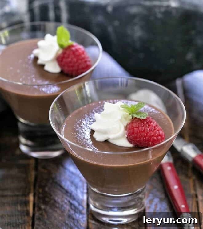 Decadent Italian Chocolate Budino 12 Italian chocolate pudding poured into individual serving dishes, ready for chilling, garnishing, and serving.