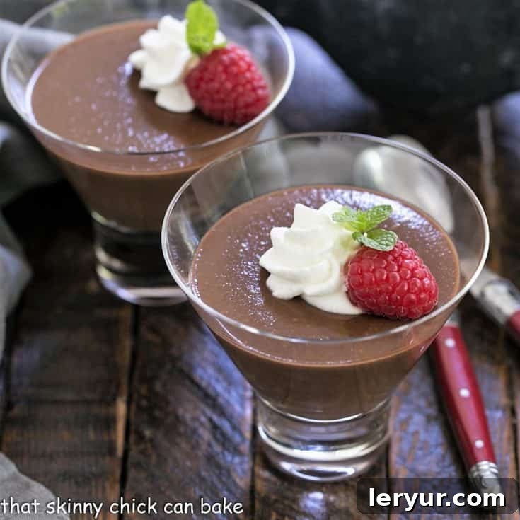 Italian chocolate pudding in 2 glass dishes and garnished with cream and berries, a tempting dessert.