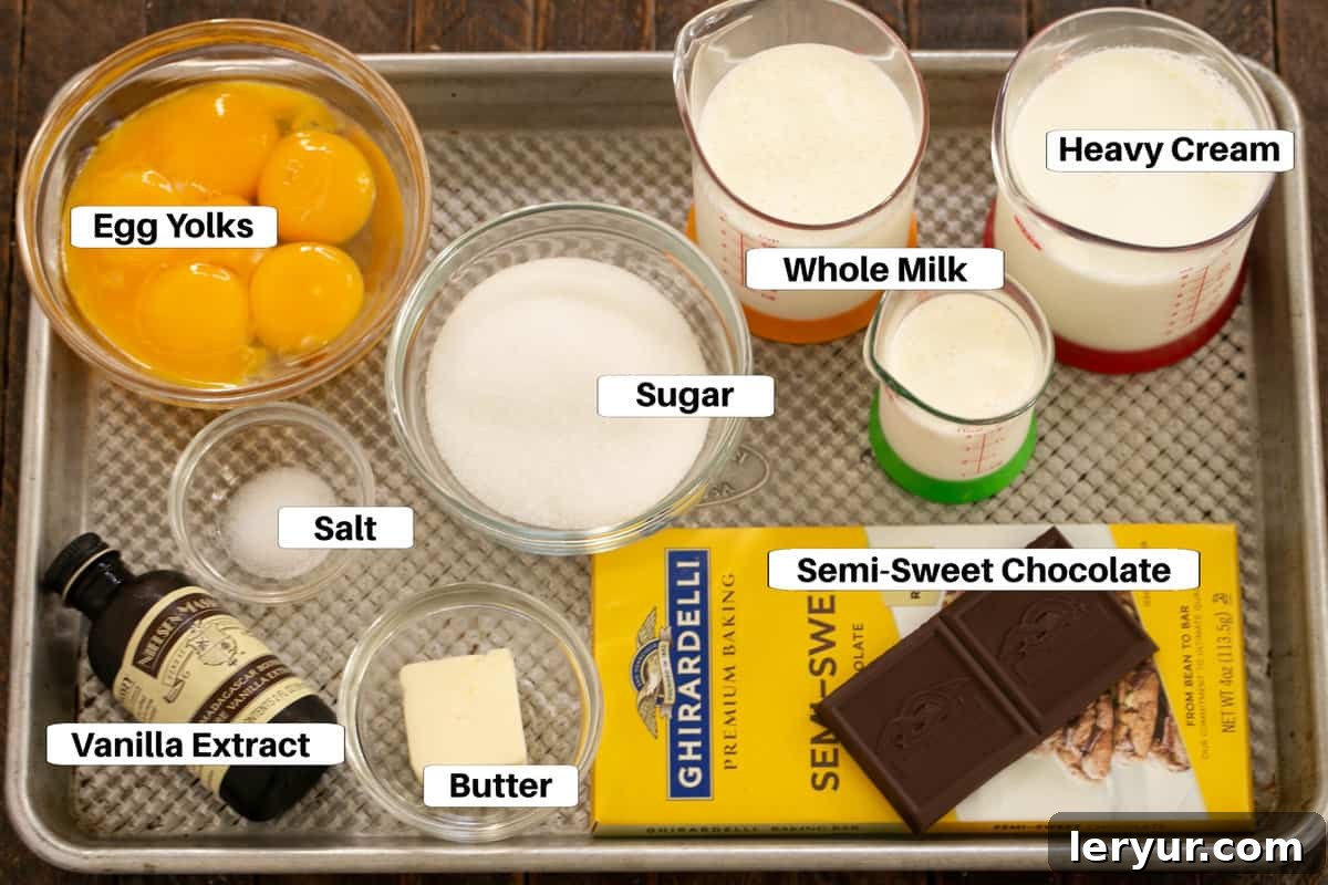 Decadent Italian Chocolate Budino 4 All the essential ingredients for Italian chocolate pudding, neatly arranged and labeled on a metal sheet pan, ready for preparation.