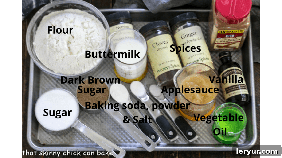 Tray of labeled ingredients for a spice cake.