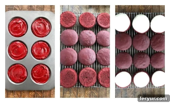 Plush Red Velvet Whoopie Pies 2 Red velvet whoopie pies process shots: spreading batter, baking, cooling, and filling preparation.