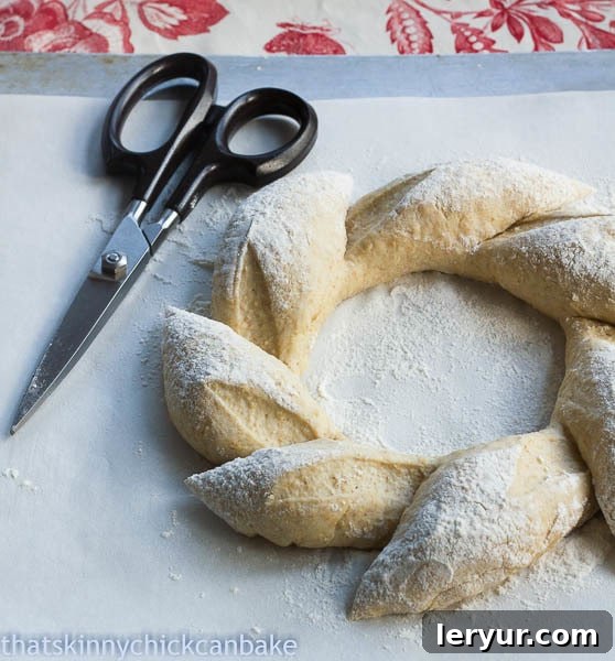 Whole Wheat Wreath dough expertly cut and shaped into a beautiful pattern, ready for baking.